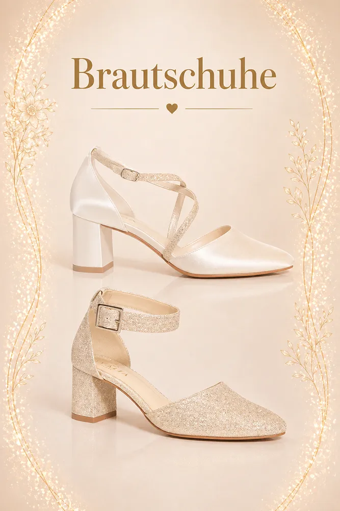 Elegante Brautschuhe in Ivory und Champagner mit Blockabsatz und Glitzer – Hochzeitsschuhe für Bräute in Zürich