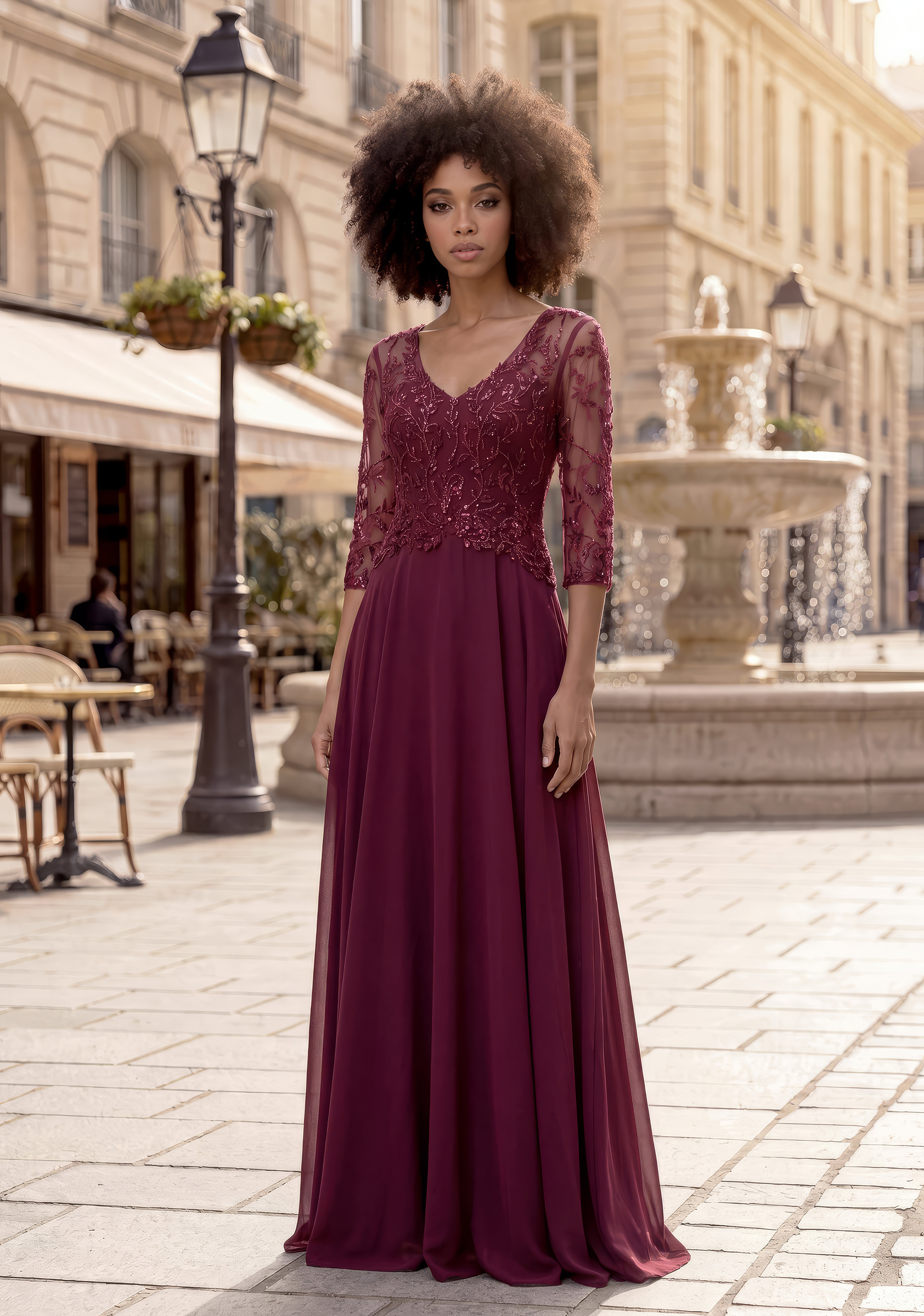 Bodenlanges Abendkleid in Cabernet Red von Christian Koehlert mit bestickter Corsage, V-Ausschnitt und fliessendem Chiffonrock.