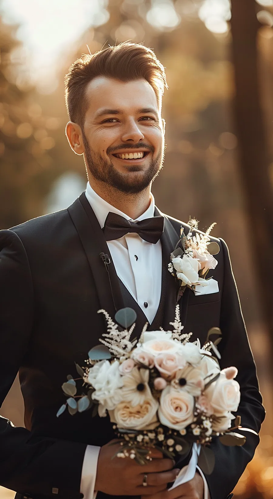 Bräutigam im schwarzen Smoking hält den Brautstrauss und lacht in die Kamera