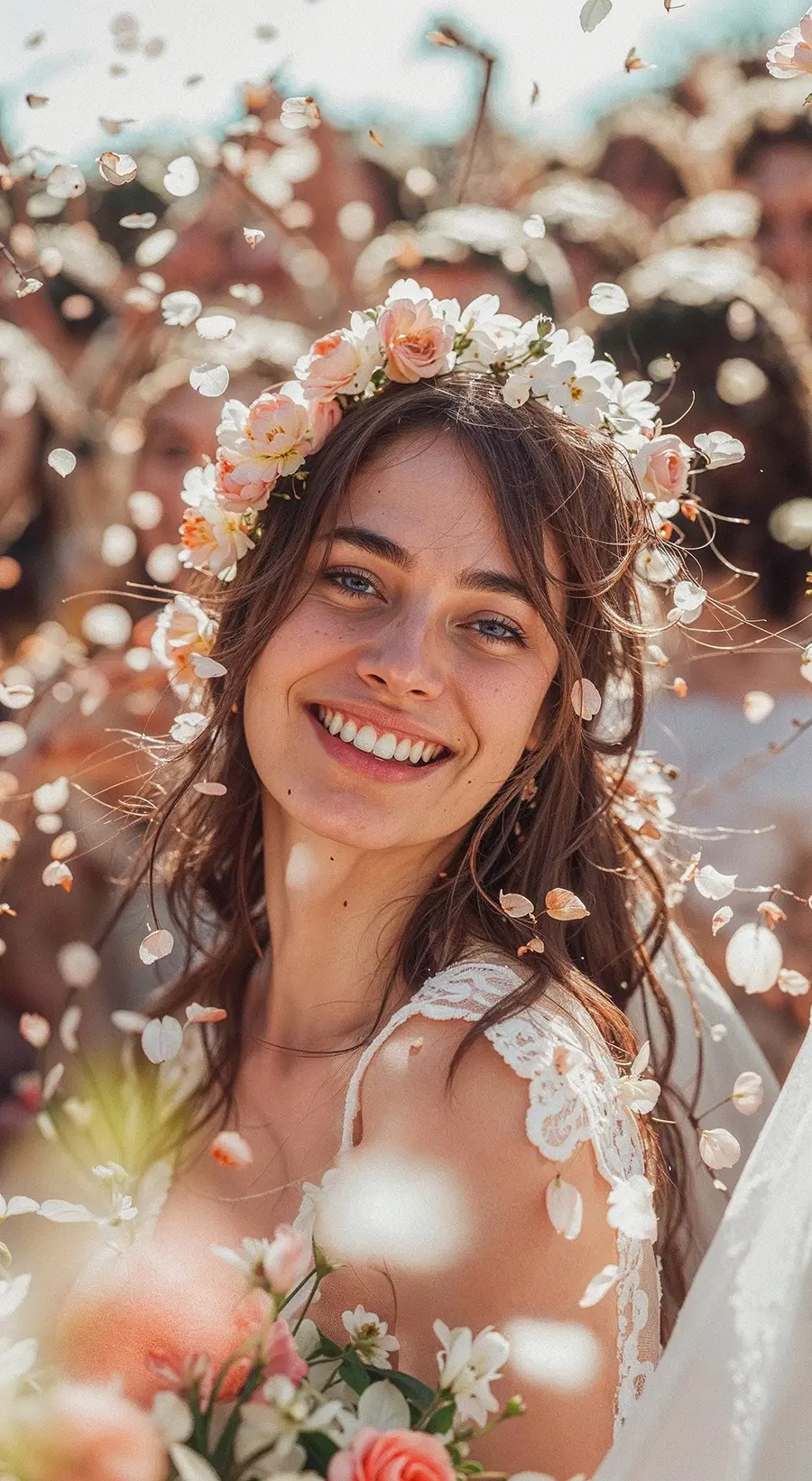 Strahlend lächelnde Braut mit rosafarbenem Blumenkranz im Haar und weissem Spitzen-Brautkleid inmitten von fliegenden Blütenblättern und Konfetti – Frühlingshochzeit Schweiz