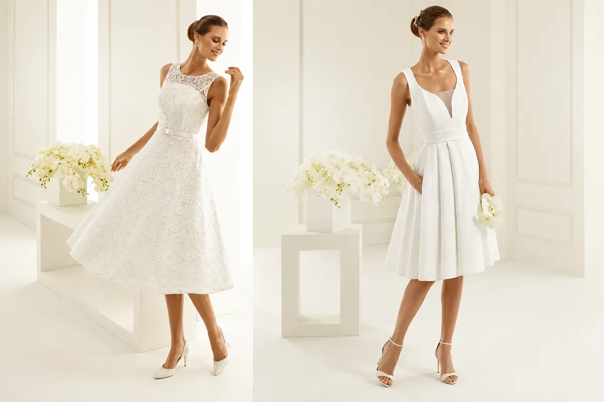 Zwei kurze Brautkleider in Zürich: Spitzen-A-Linie mit Rundhals und strukturiertes Kleid mit V-Ausschnitt, ideal für Standesamt und Sommerhochzeit – Samyra Fashion Zürich