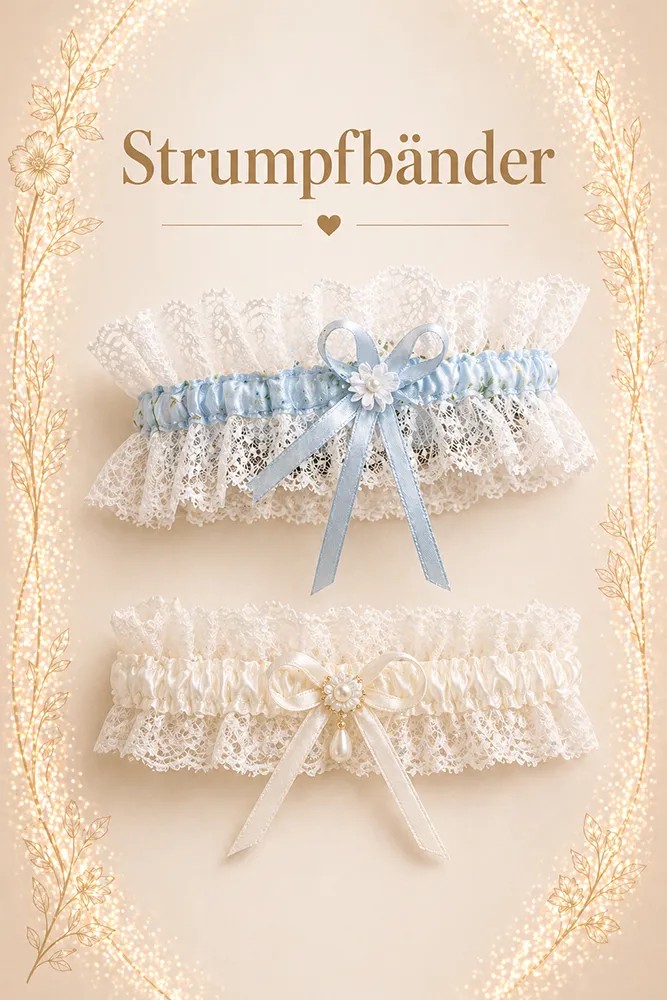 Zarte Strumpfbänder aus Spitze mit Schleifen in Weiss und Blau – Braut Accessoires für Hochzeiten in Zürich