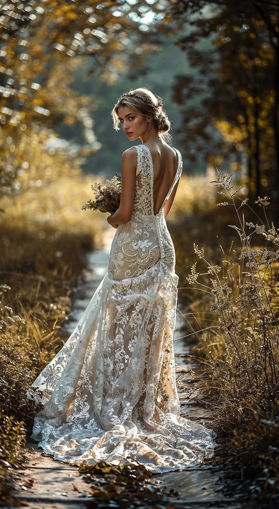 Braut mit Brautstrauss steht im Wald und blickt über ihre Schulter zurück