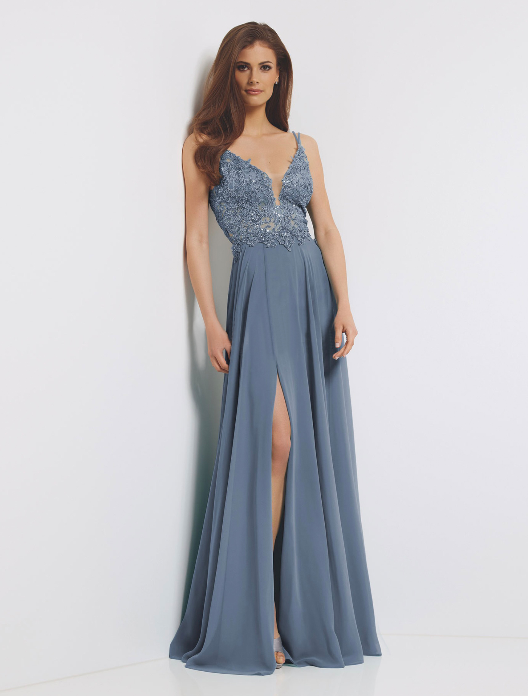 Abendkleid-Lanin-mit-Beinschlitz-blaugrau-und-transparentem-Oberteil_3710 Abendkleid Lanin (blaugrau)