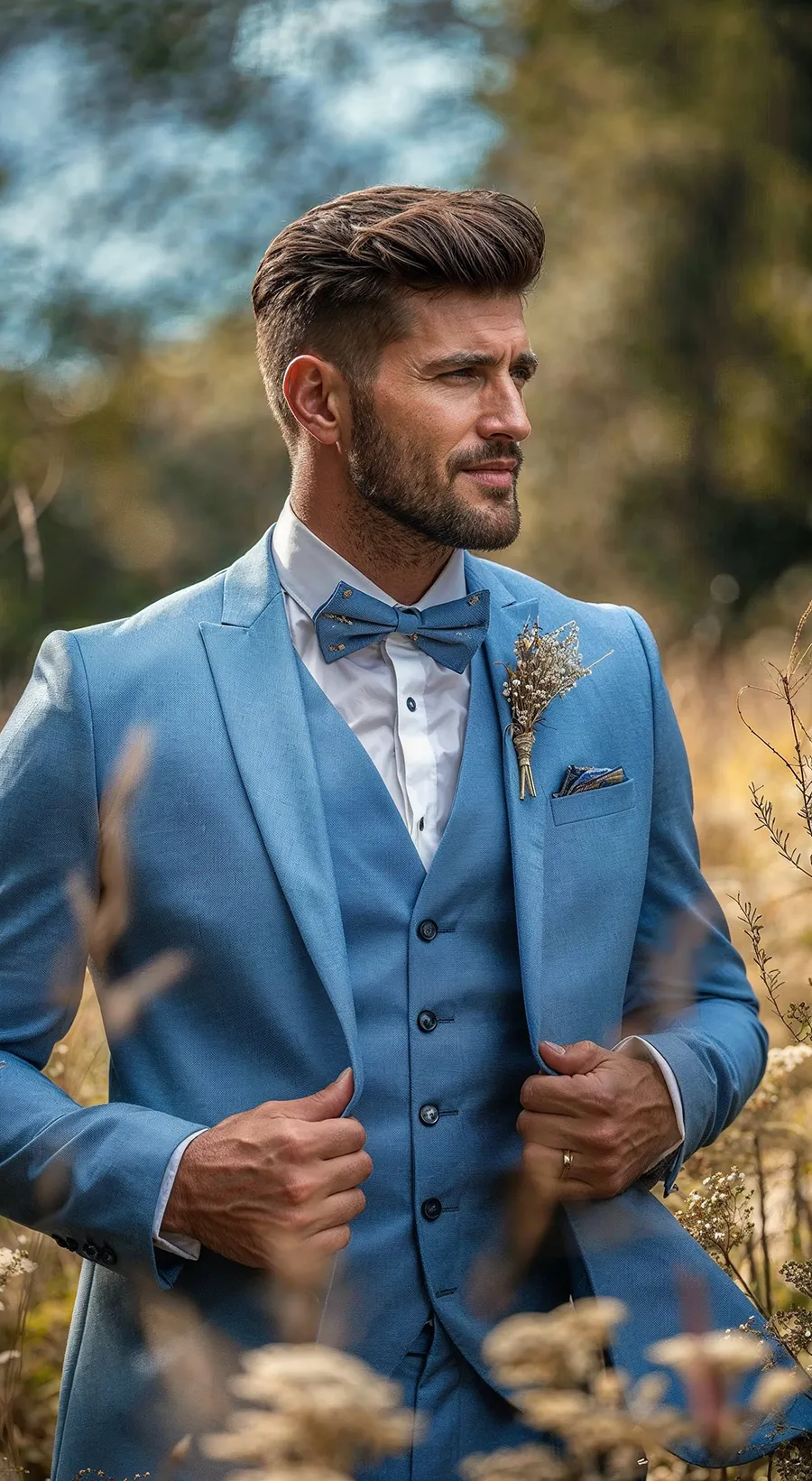 Mann in hellblauem dreiteiligem Hochzeitsanzug mit passender Fliege, gemustertem Einstecktuch und Trockenblumen-Boutonnière in sommerlicher Natur – modernes Herrenoutfit Hochzeit Schweiz