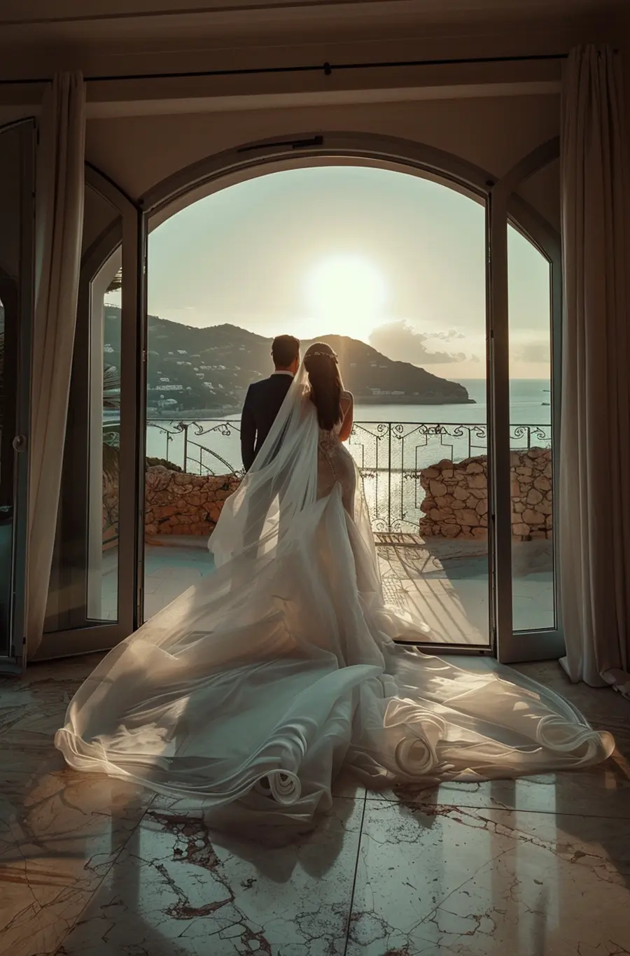 Brautpaar steht am Fenster und schaut hinaus
