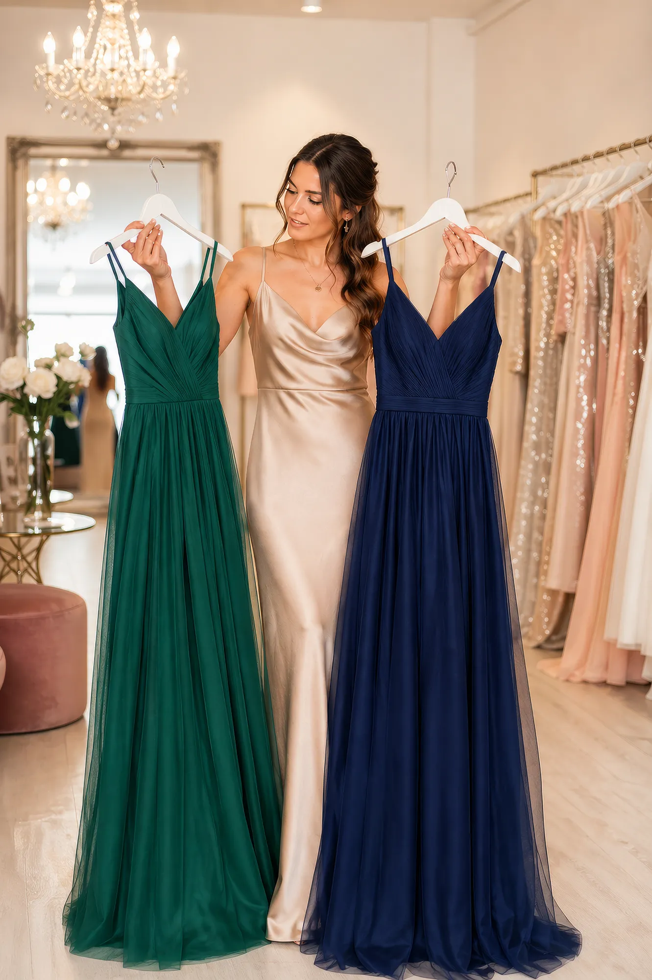 Frau vergleicht zwei elegante Abendkleider in Grün und Blau in einem hellen Showroom in Zürich bei persönlicher Beratung