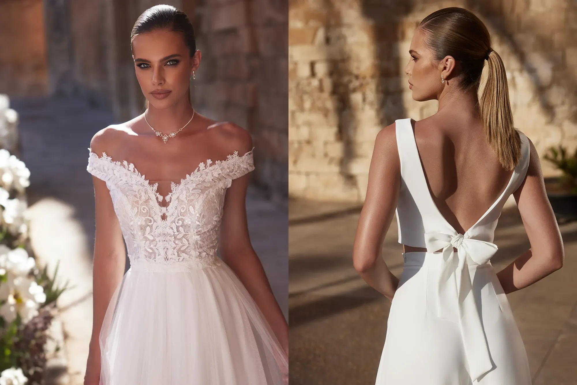 Zwei Bräute in einem Mix and Match Oberteil von Bianco Evento