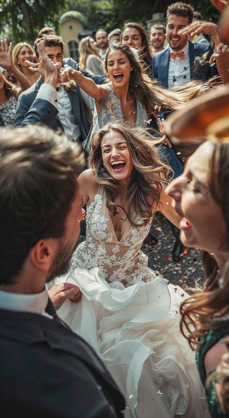 Braut lacht während Hochzeitsspiel herzlich