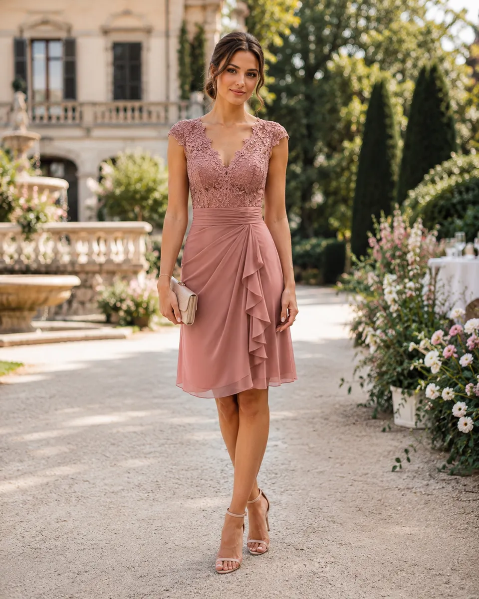 Elegante Frau in einem knielangen Cocktailkleid in Dusty Rose vor einem stilvollen Garten und Event Hintergrund im Editorial Fashion Stil