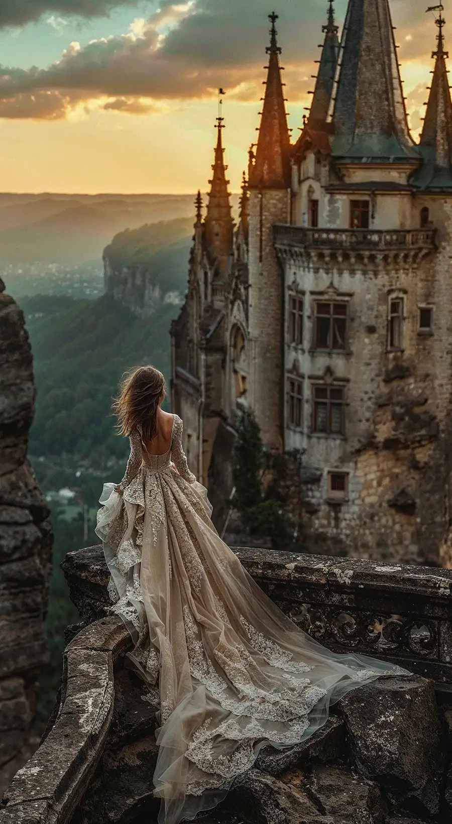 Braut im champagnerfarbenen Spitzenkleid mit langem Schleppe auf dem Balkon eines gotischen Schlosses bei dramatischem Sonnenuntergang