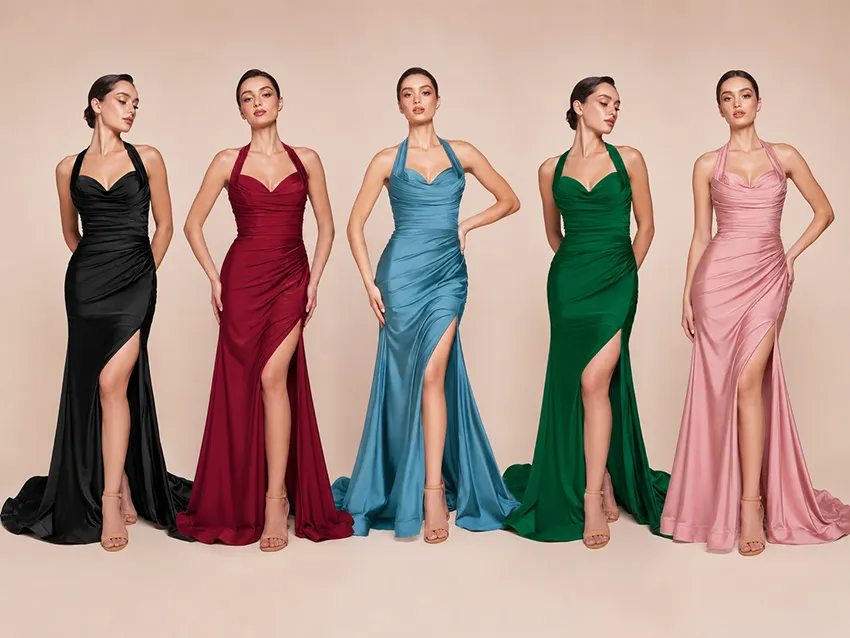 Elegante Abendkleider in Schwarz, Rot, Blau, Grün und Rosa auf beigem Hintergrund zur Farbauswahl