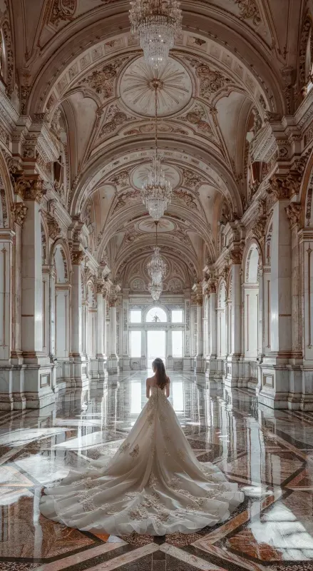 Braut von hinten in weitem Brautkleid mit langer bestickter Schleppe in einem prachtvollen Festsaal mit Marmorboden und Kronleuchtern – elegante Hochzeit Location Schweiz