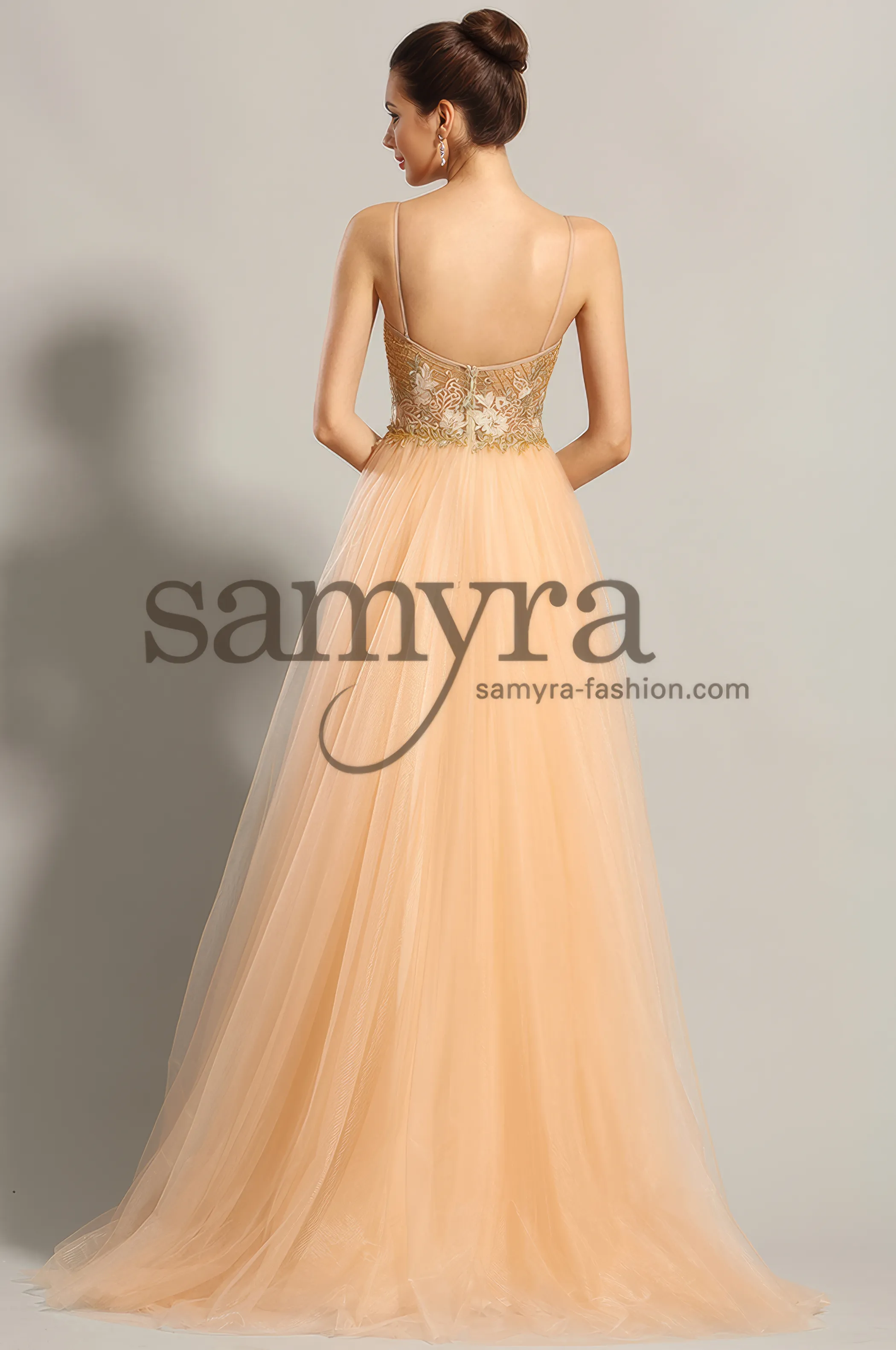 Frau in einem Ballkleid rosa mit transparentem Oberteil, Rückenansicht