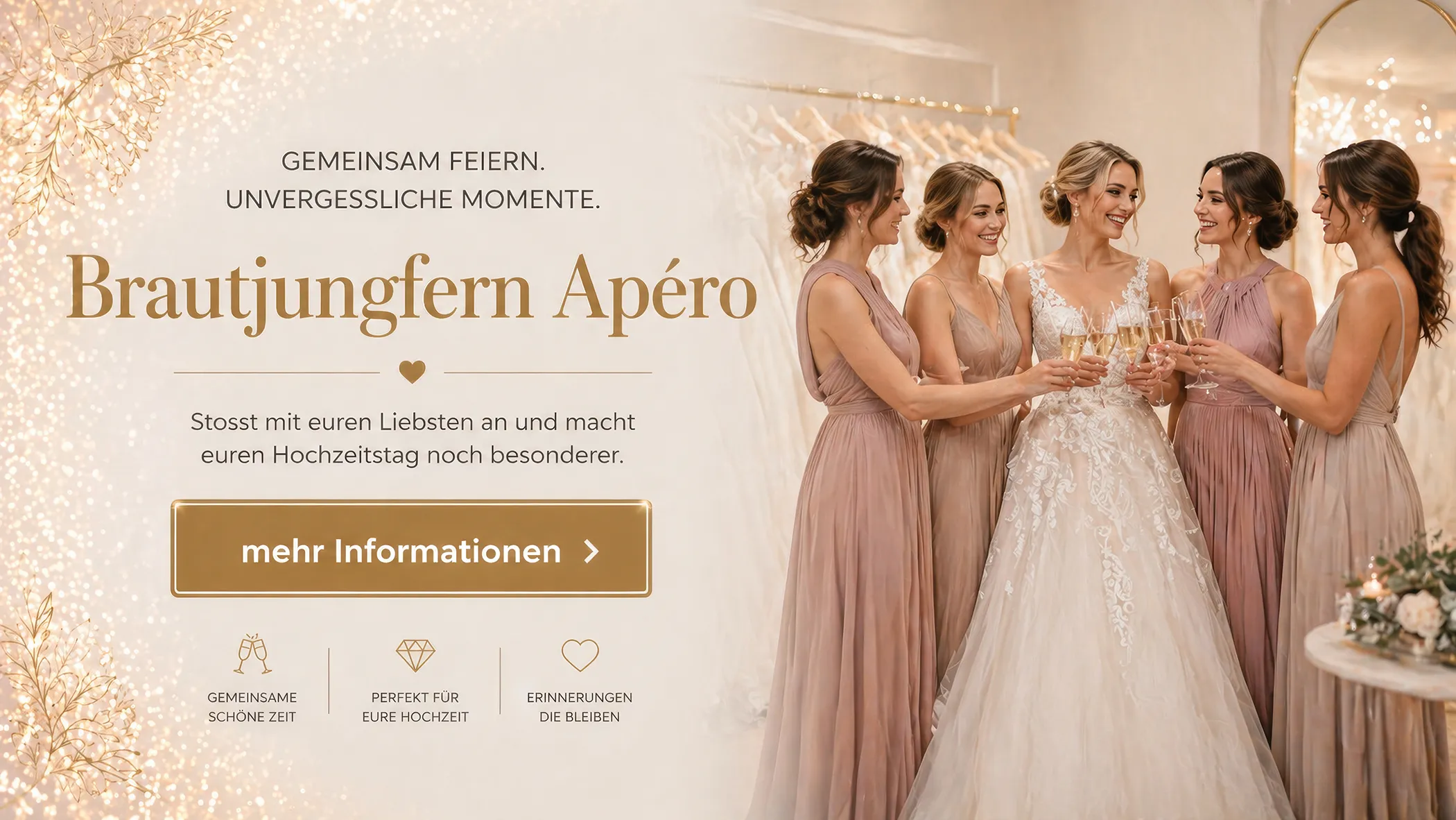 Braut und vier Brautjungfern stossen im Brautmode Showroom in Zürich gemeinsam an – Brautjungfern Apéro Erlebnis