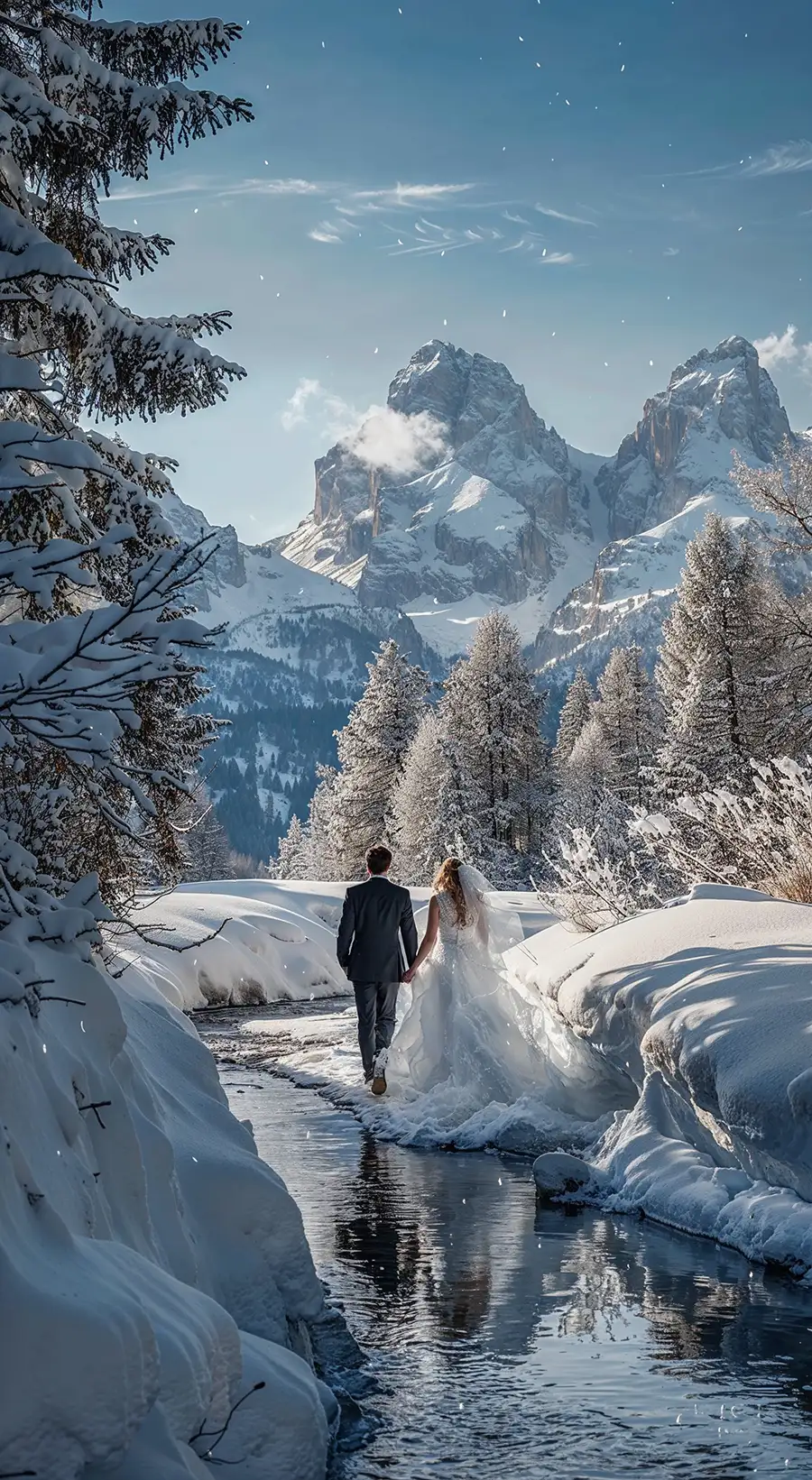 Brautpaar in weissem Brautkleid und dunklem Anzug geht Hand in Hand entlang eines Bergbachs in verschneiter Winterlandschaft mit Alpenpanorama