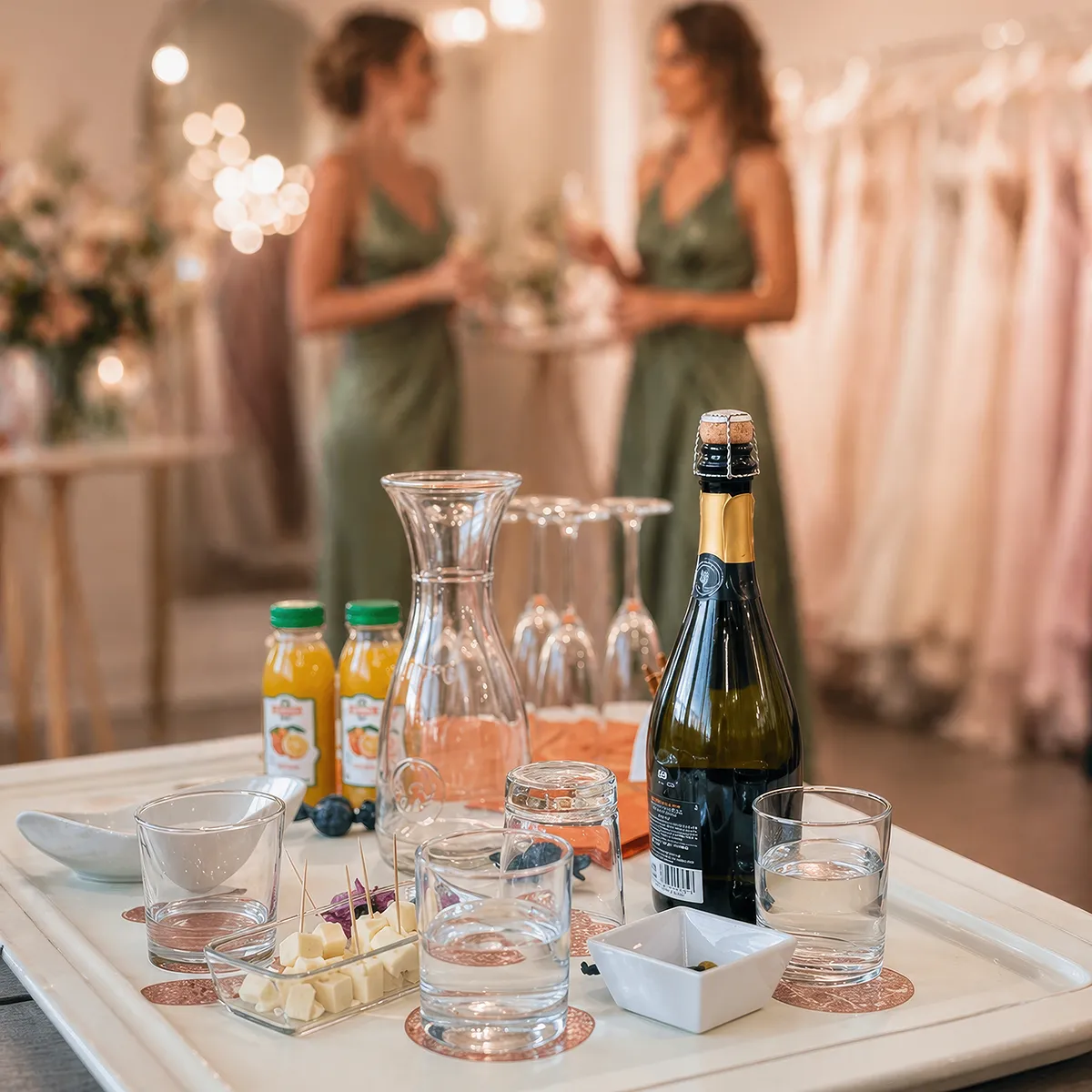 Apéro Tisch im Brautmode Showroom mit Champagner, Orangensaft und Häppchen, im Hintergrund Brautjungfern in grünen Kleidern