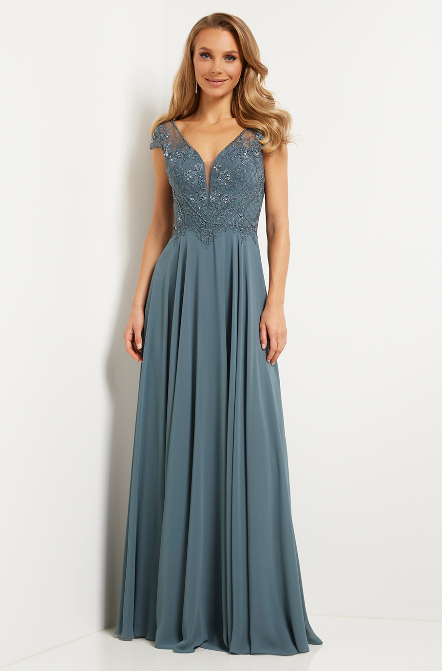 Abendkleid-Lamina-grau-mit-Schulter-rmeln-und-V-Ausschnitt1 Abendkleid Lamina (grau)