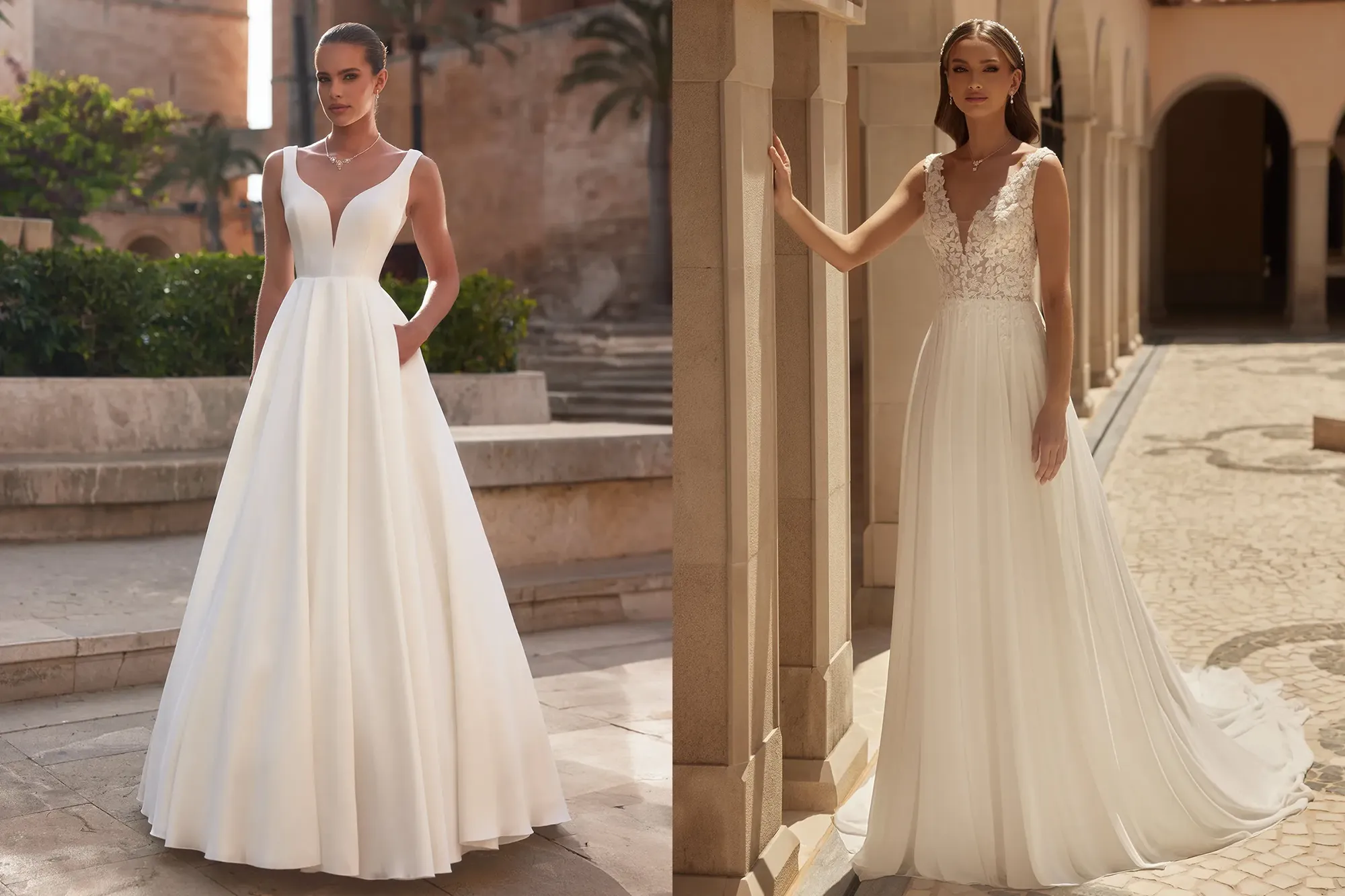 Günstige Hochzeitskleider bei Samyra Fashion Zürich – links schlichtes weisses A-Linien-Brautkleid aus Satin mit tiefem V-Ausschnitt und Seitentaschen, rechts romantisches Chiffon-Brautkleid mit Spitzenoberteil und fliessender Schleppe