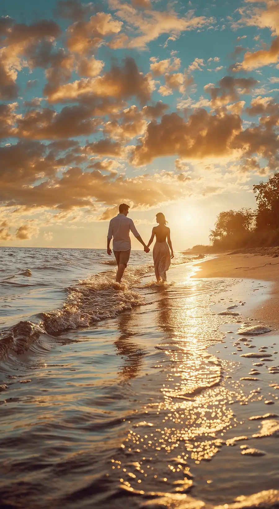 Verliebtes Brautpaar läuft Hand in Hand den Strand entlang