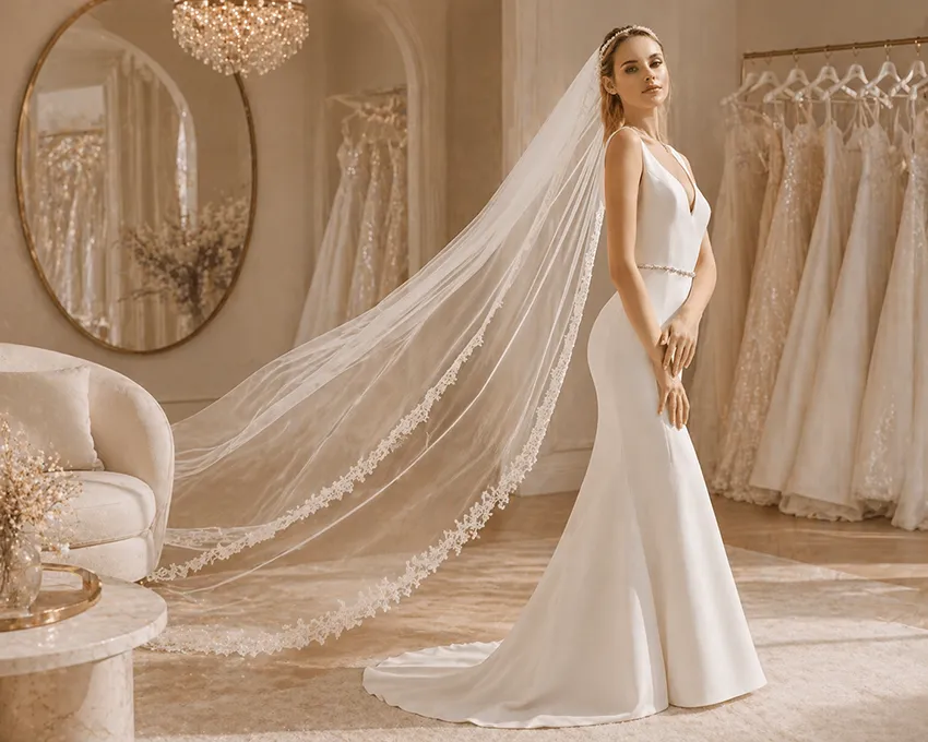 Braut im eleganten Brautkleid mit langem Schleier im hellen Showroom mit Brautkleidern in warmen beige Farbtönen