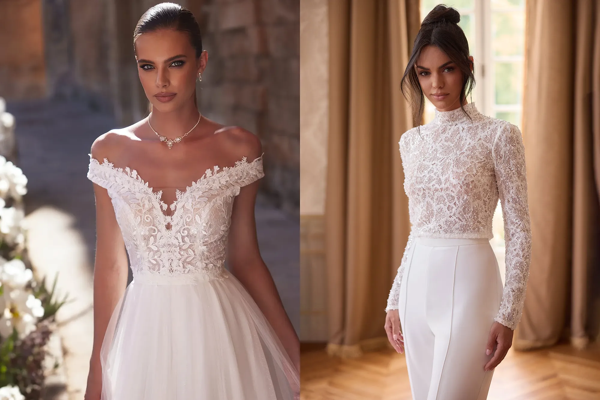 Mix & Match Brautmode bei Samyra Fashion Zürich – links Braut-Top mit Spitzenoberteil und Tüllrock, rechts elegantes Langarm-Spitzentop kombiniert mit weisser Hose