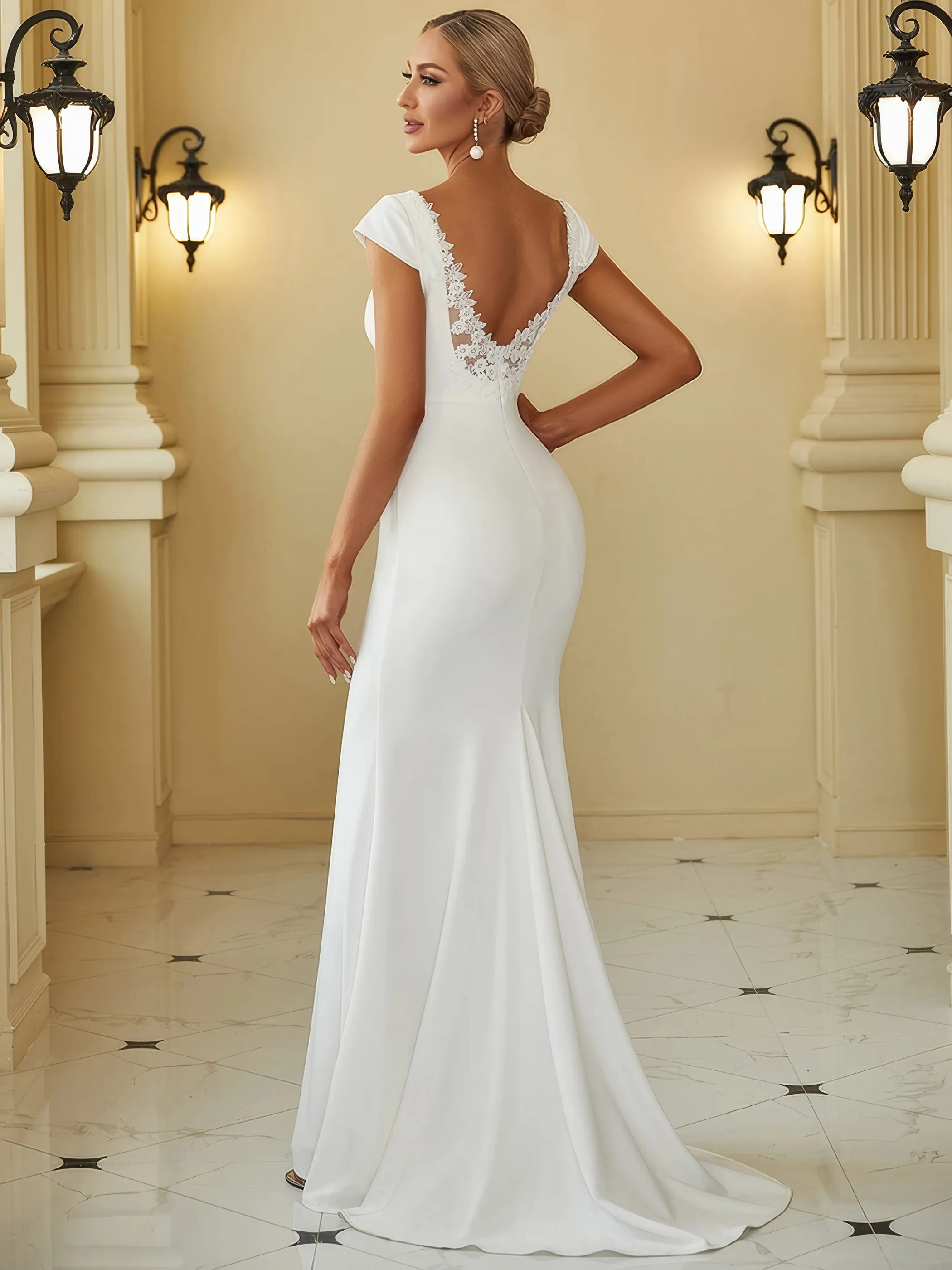 Braut in einem Fit & Flare Hochzeitskleid mit V-Ausschnitt und Schulterärmeln, Rückenansicht