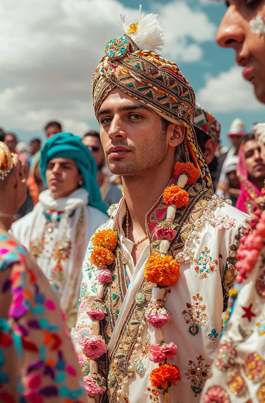 Indischer Bräutigam mit farbigen Blumen geschmückt