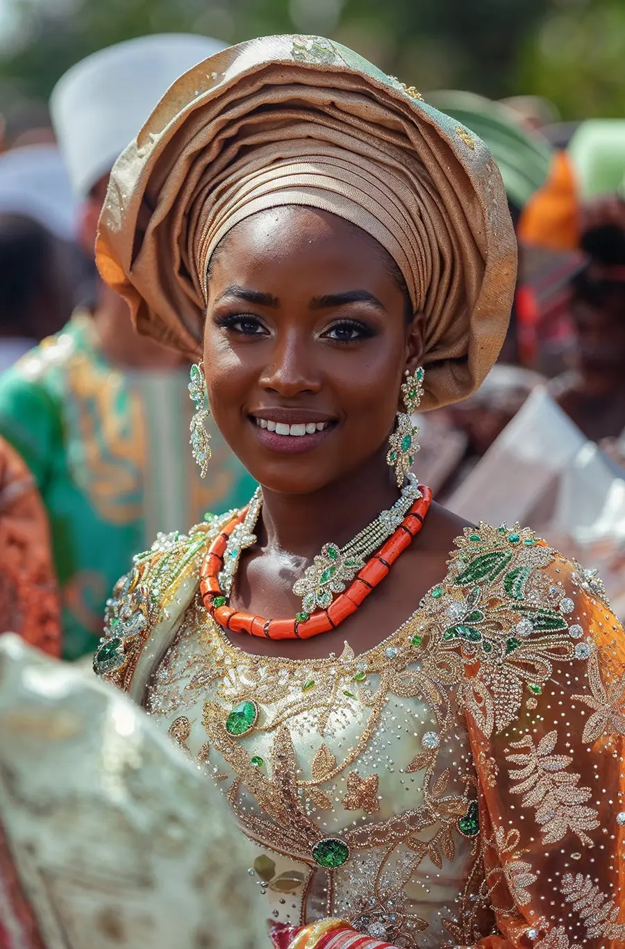 Lächelnde nigerianische Braut im traditionellen Yoruba-Brautoutfit mit goldbeigem Gele-Kopfschmuck, reich besticktem cremefarbenem Aso-Oke-Gewand mit Goldstickerei und oranger Korallenkette – traditionelle Brautmode Nigeria