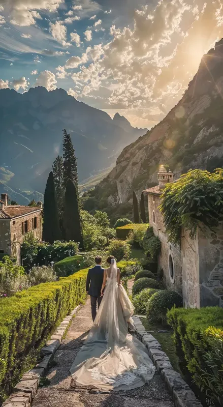 Brautpaar von hinten, Braut im langen Brautkleid mit Schleier, spaziert bei Sonnenuntergang durch einen mediterran anmutenden Garten mit Bergpanorama – Outdoor-Hochzeit Schweiz