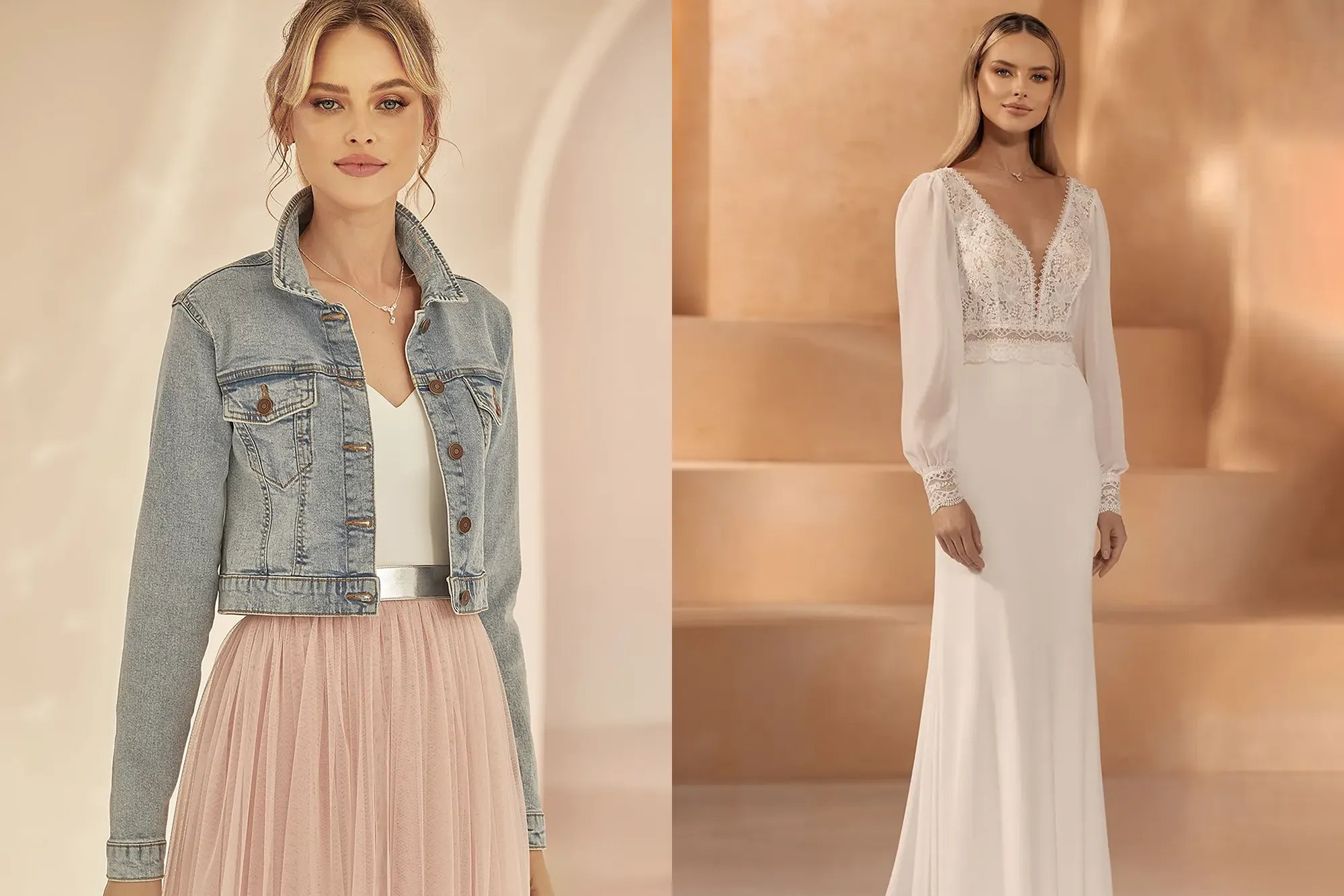 Mix & Match Brautmode bei Samyra Fashion Zürich – links Braut-Top mit kurzer Jeansjacke und rosafarbenem Tüllrock, rechts elegantes Brautkleid mit langen Chiffon-Ärmeln und Spitzenoberteil