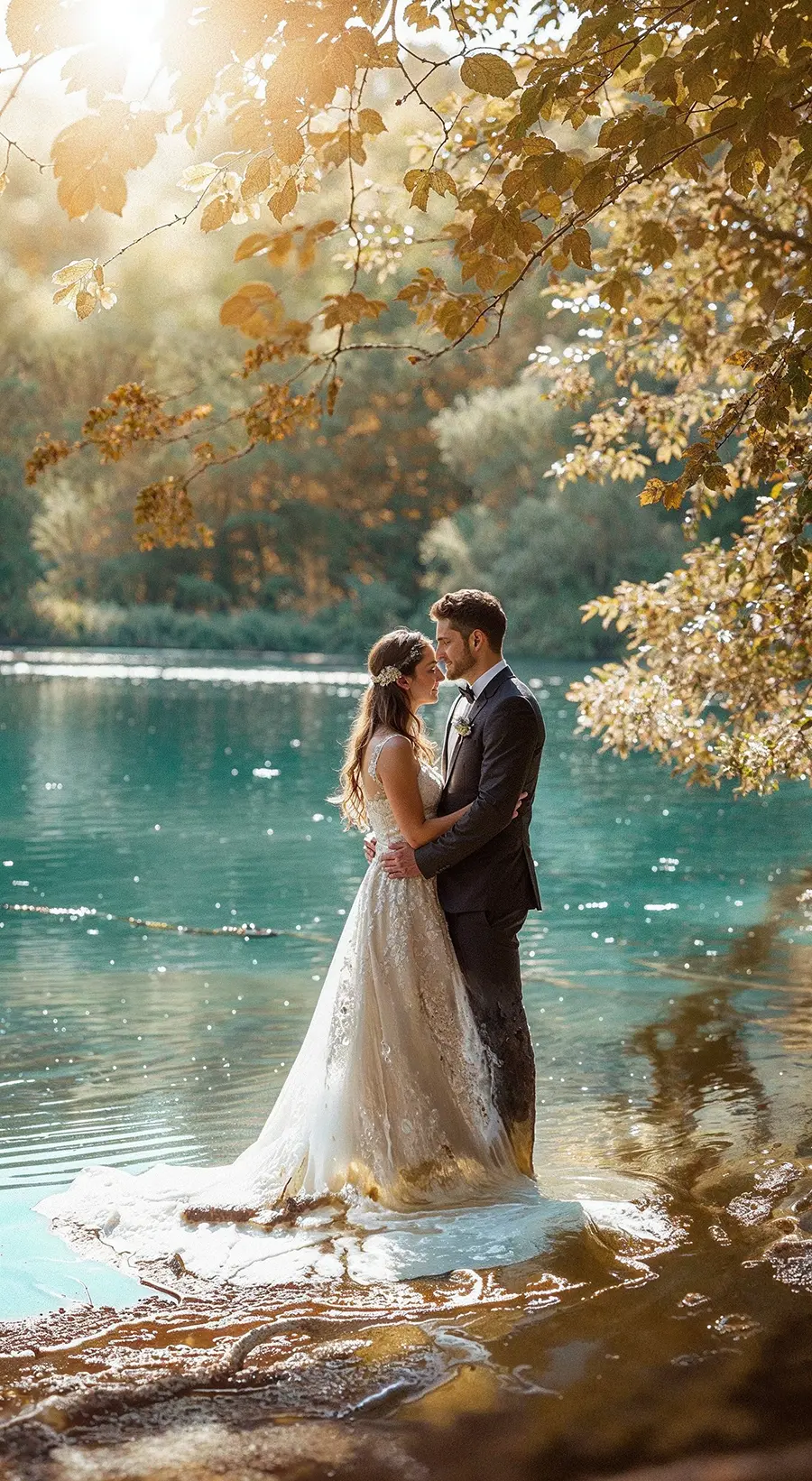 Brautpaar in romantischem Moment am Ufer eines türkisblauen Sees unter goldenem Herbstlaub – Braut in weissem A-Linien-Spitzen-Brautkleid mit Schleppe und Blumen-Haarschmuck, Bräutigam im dunklen Anzug – Outdoor-Hochzeit am See Schweiz