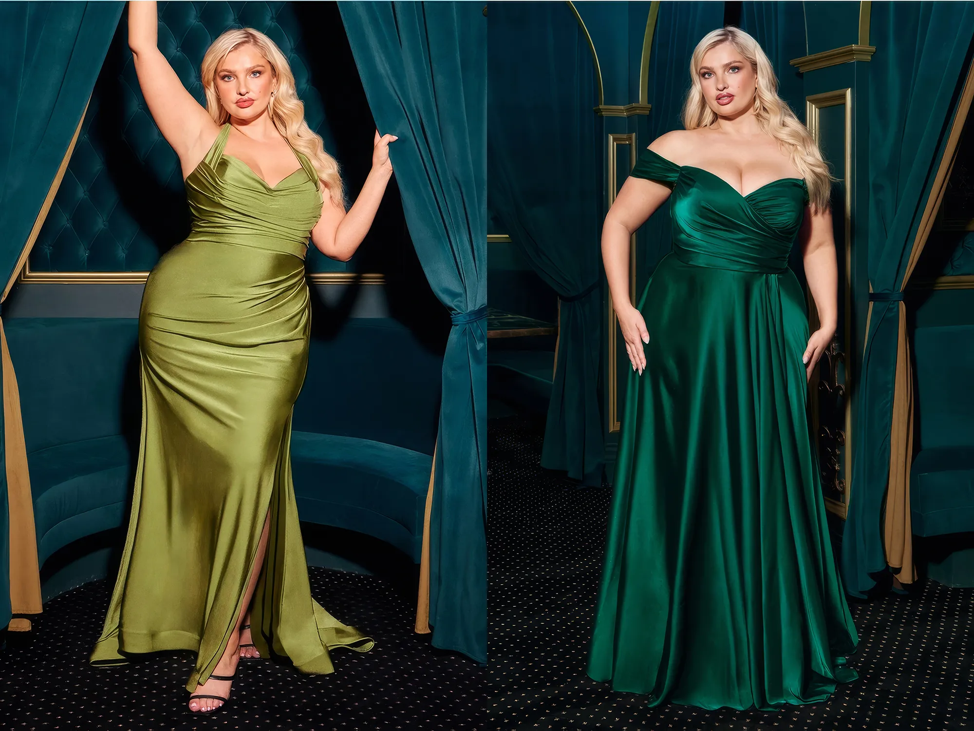 Zwei füllige Frauen in Abendkleidern für grosse Grössen in unterschiedlichem Grün