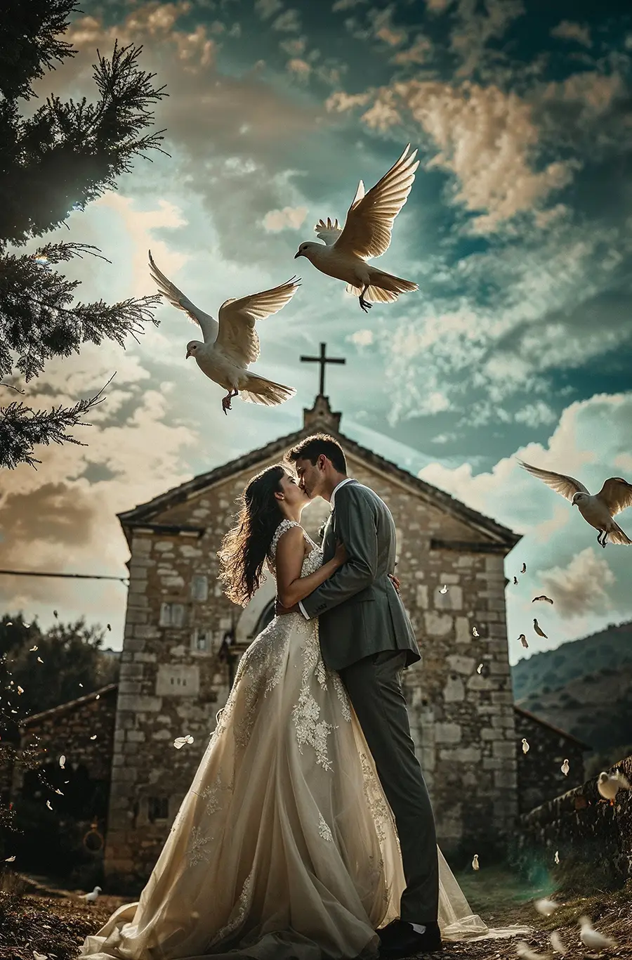 Brautpaar vor kleiner Kirche mit weissen Tauben in der Luft