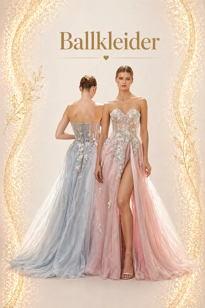 Zwei lange Ballkleider in Pastellfarben mit Tüll und Spitze – elegante Ballkleider für besondere Anlässe in Zürich