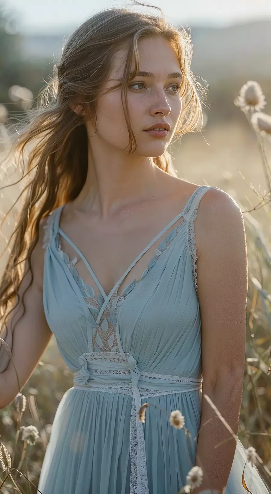 Frau in hellblauem Chiffon-Abendkleid mit V-Ausschnitt und Spitzendetails in sommerlicher Wiese – elegantes Hochzeitsgast-Outfit