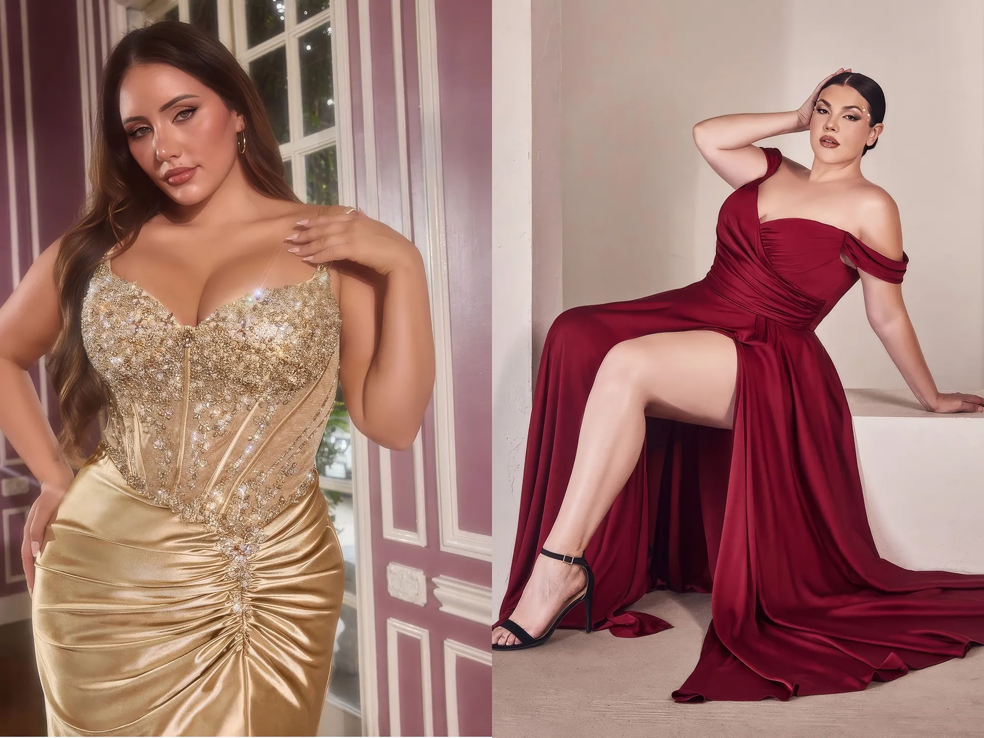 Zwei füllige Frauen in Ballkleidern für grosse Grössen in unterschiedlichen Formen und Farben