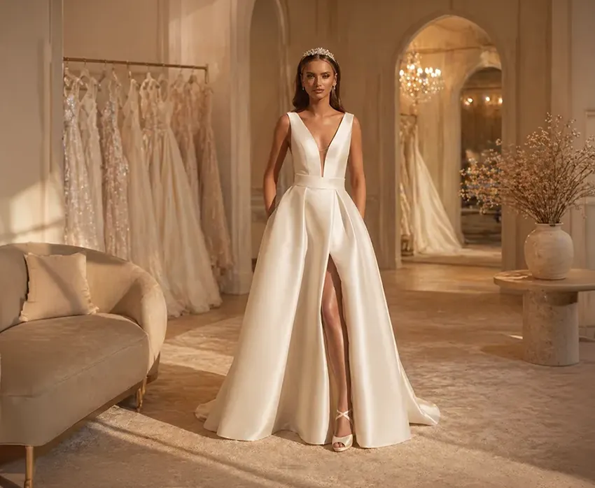 Elegantes Brautkleid und Standesamtkleid aus Satin im warmen Brautmode Showroom Zürich