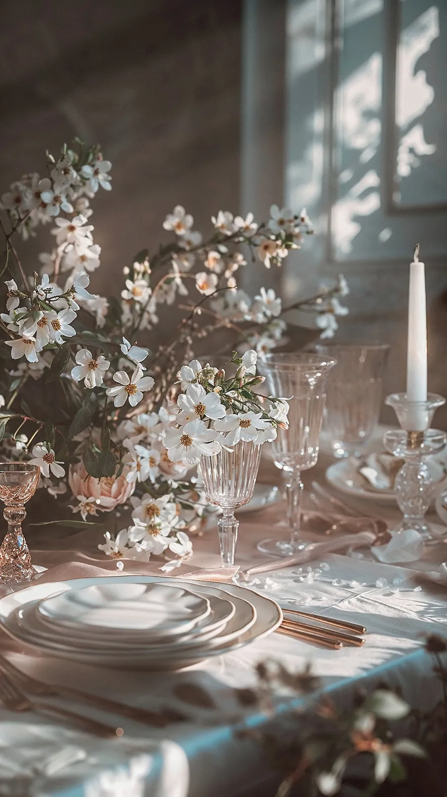 Schön gedeckter und dekoriertet Tisch an einer Hochzeit
