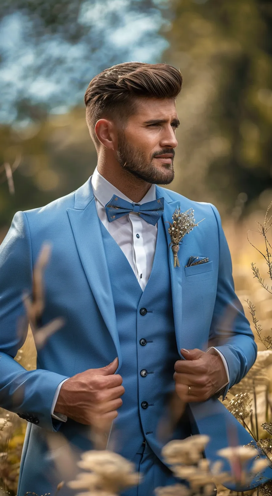 Bräutigam in blauem Hochzeitsanzug steht im Kornfeld