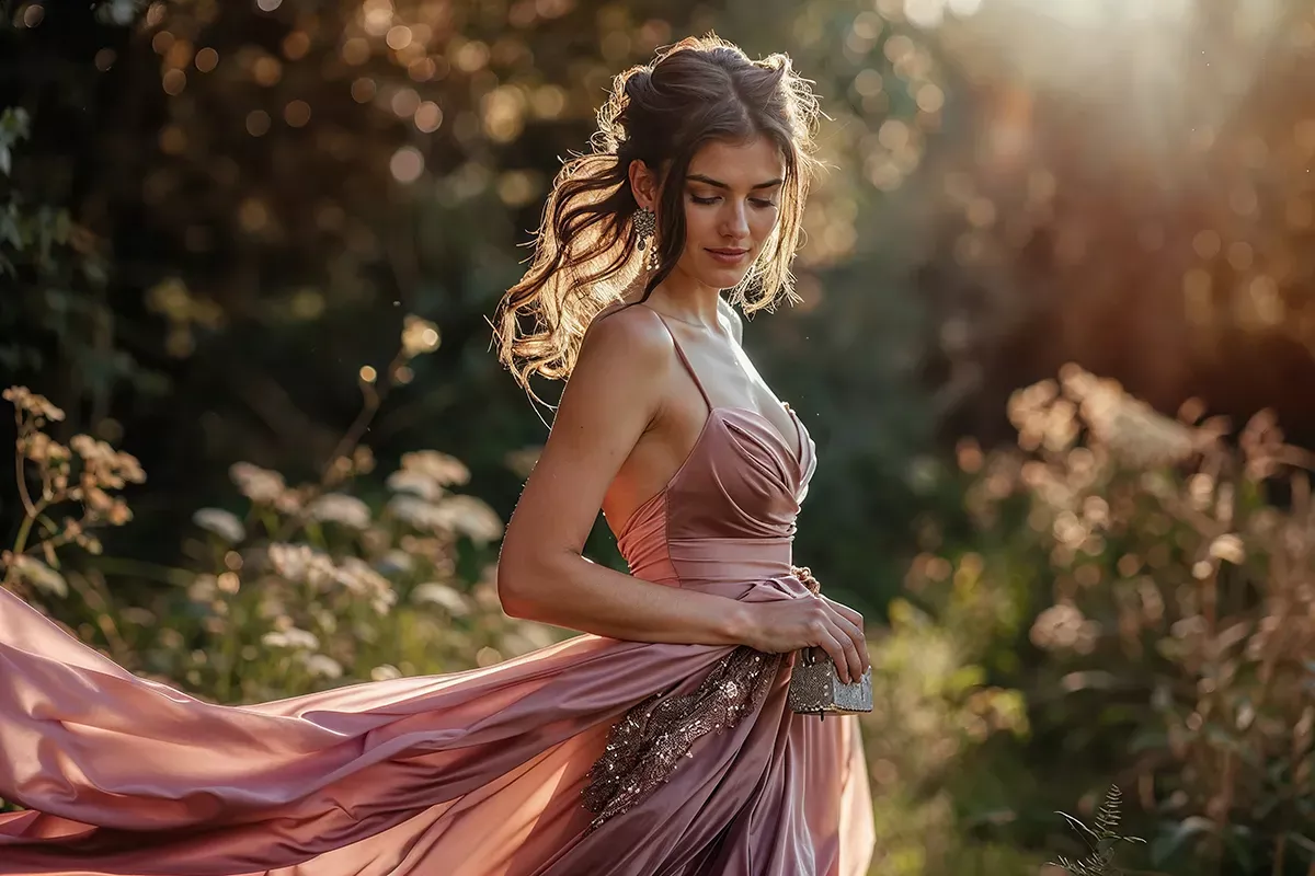 Frau in altrosafarbenem fliessenden Abendkleid mit Pailletten und Clutch in sommerlichem Garten – festliches Outfit als Hochzeitsgast