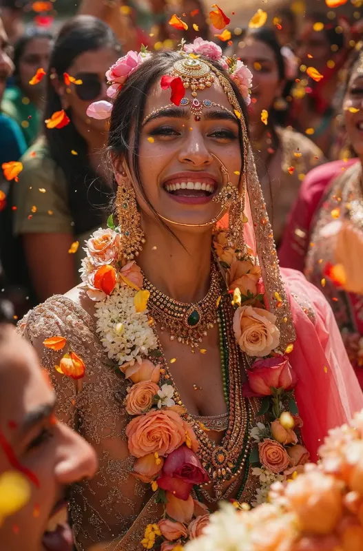 Strahlende indische Braut mit traditionellem Maang Tikka, Nasenring, goldenem Hochzeitsschmuck und Blumengirlande aus Rosen, umgeben von Blütenblättern bei traditioneller Hochzeitszeremonie