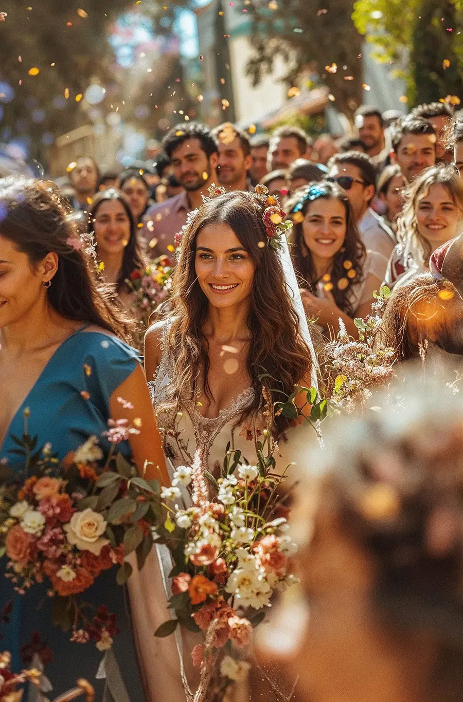 Lächelnde griechische Braut mit Blumenkranz und Brautstrauss, umgeben von Hochzeitsgästen und fliegenden Blütenblättern bei traditioneller Hochzeit in Griechenland