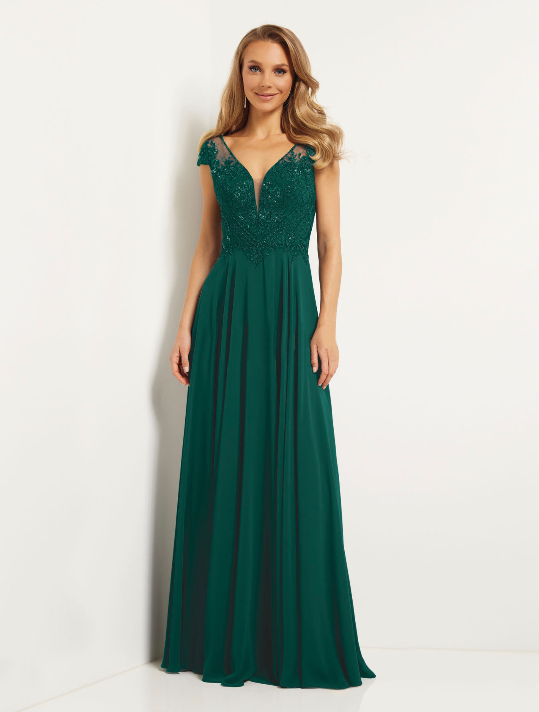 Abendkleid-Lamina-dunkelgr-n-mit-Schulter-rmeln-und-V-Ausschnitt Abendkleid Lamina (Smaragdgrün)