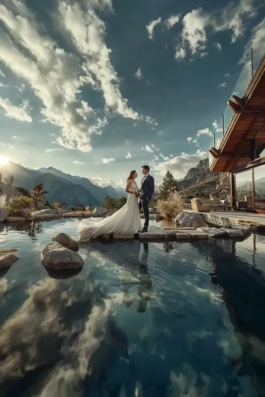 Brautpaar in weissem Schleppe-Brautkleid und dunklem Anzug steht vor einem Infinity Pool mit dramatischem Alpenpanorama und Sonnenuntergang