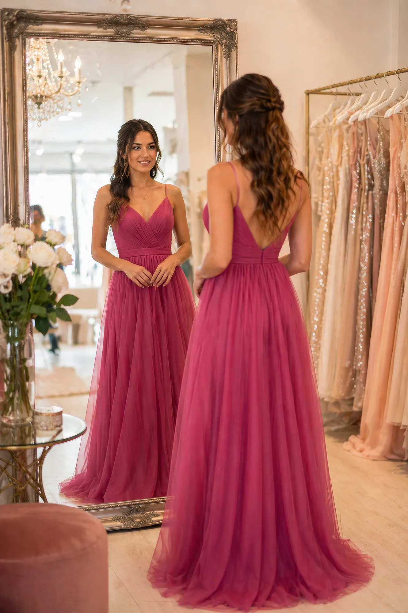 Frau betrachtet sich im Spiegel in einem eleganten pinken Abendkleid in einem hellen Showroom in Zürich