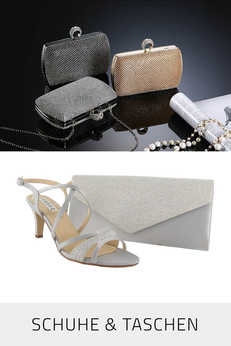 Zur Kategorie Abendschuhe und Handtaschen Zweiteiliges Bild mit Handtaschen passend zu Abendkleidern sowie einem silberfarbenen Abendschuh