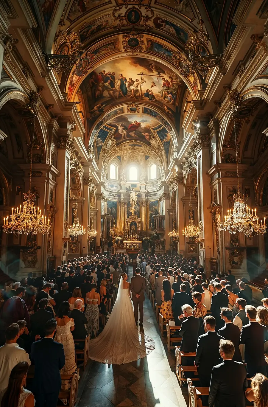 Brautpaar in grosser Kirche Brautpaar steht in grosser Kirche voller Gäste
