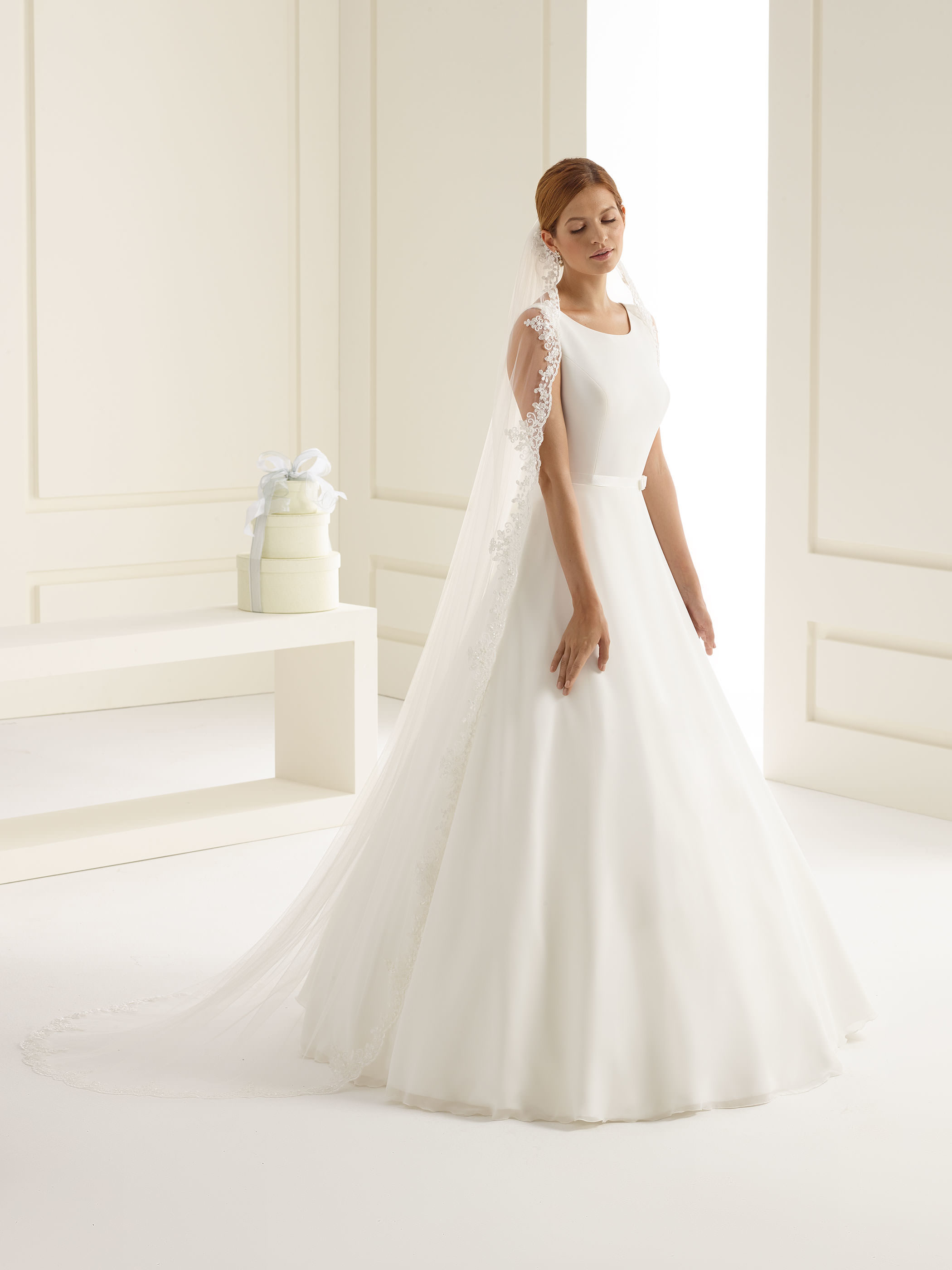 Dieses-Bild-zeigt-Schleier-S219-von-Bianco-Evento_1 Schleier mit Spitzenkante und Glasperlen (elfenbeinfarben)