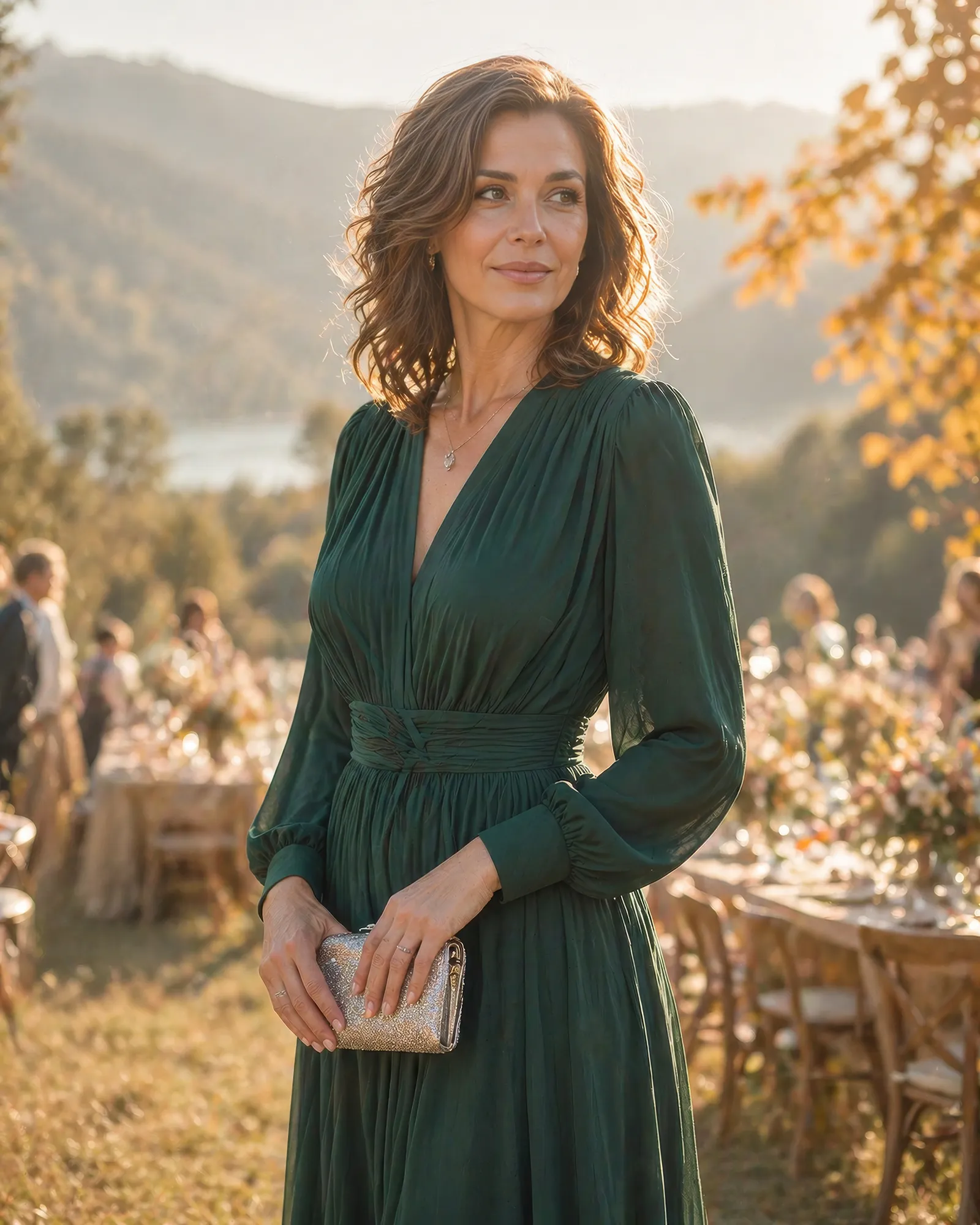 Frau in smaragdgrünem Midi-Abendkleid mit langen Ärmeln und Clutch bei herbstlicher Outdoor-Hochzeit am See – elegantes Hochzeitsgast-Outfit